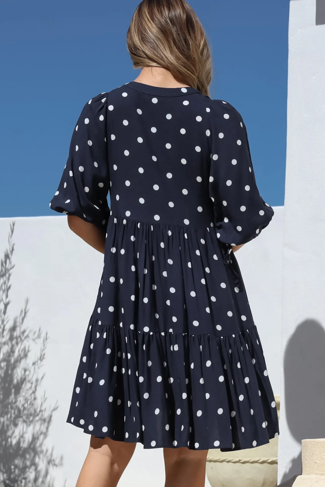 Marah Mini Dress - Mandarin Collar Short Sleeve with Tie Smock Dress in Parisian Polka Navy>Salty Crush Sale