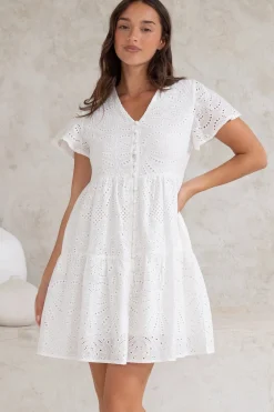 Marcy Mini Dress - Embroidered Button Down Dress with Cap Sleeves in White>Salty Crush Hot