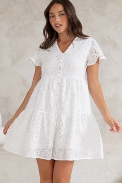 Marcy Mini Dress - Embroidered Button Down Dress with Cap Sleeves in White>Salty Crush Hot