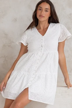 Marcy Mini Dress - Embroidered Button Down Dress with Cap Sleeves in White><noscript><img width=
