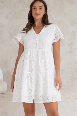 Marcy Mini Dress - Embroidered Button Down Dress with Cap Sleeves in White><noscript><img width=