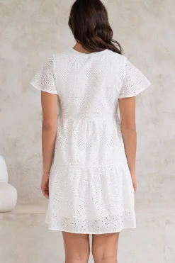 Marcy Mini Dress - Embroidered Button Down Dress with Cap Sleeves in White><noscript><img width=
