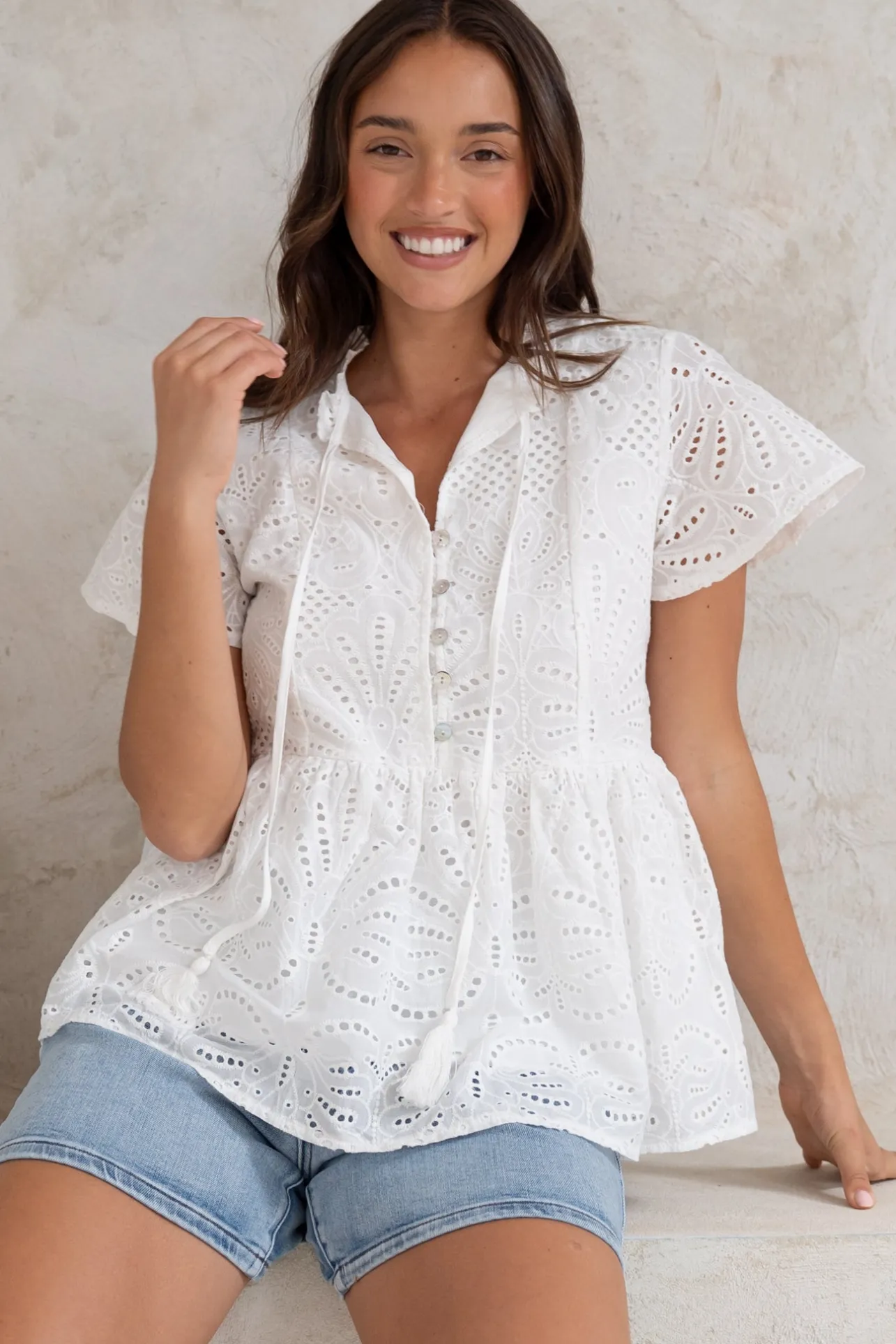 Marcy Top - Frill Mandarin Collar with Neck Tie Embroidered Smock Top in White>Salty Crush Sale