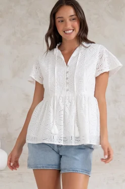 Marcy Top - Frill Mandarin Collar with Neck Tie Embroidered Smock Top in White><noscript><img width=