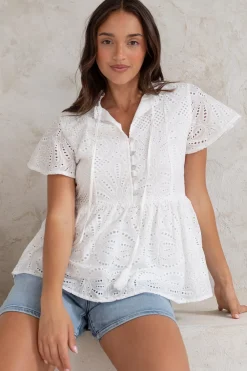 Marcy Top - Frill Mandarin Collar with Neck Tie Embroidered Smock Top in White><noscript><img width=