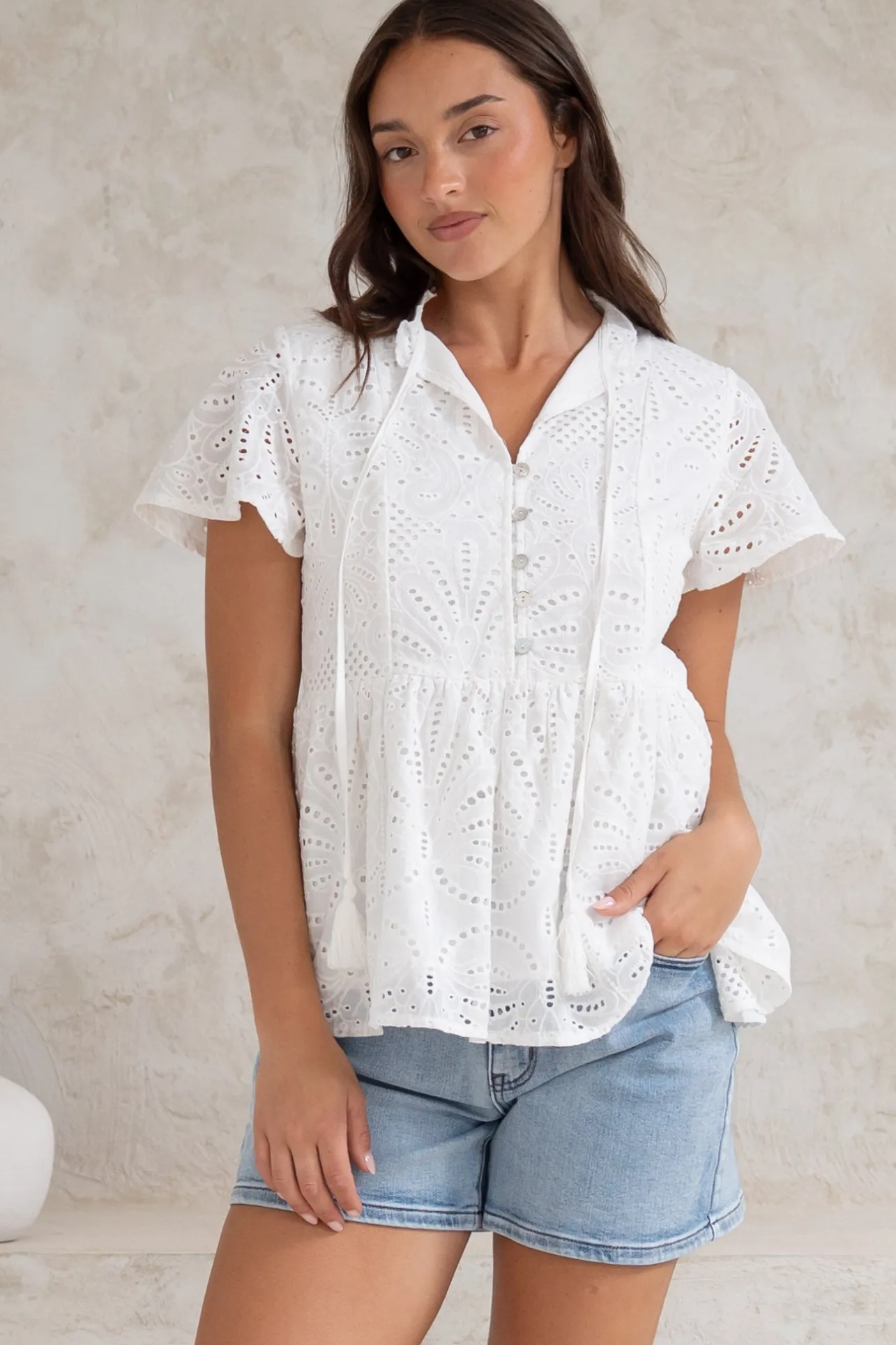 Marcy Top - Frill Mandarin Collar with Neck Tie Embroidered Smock Top in White>Salty Crush Sale
