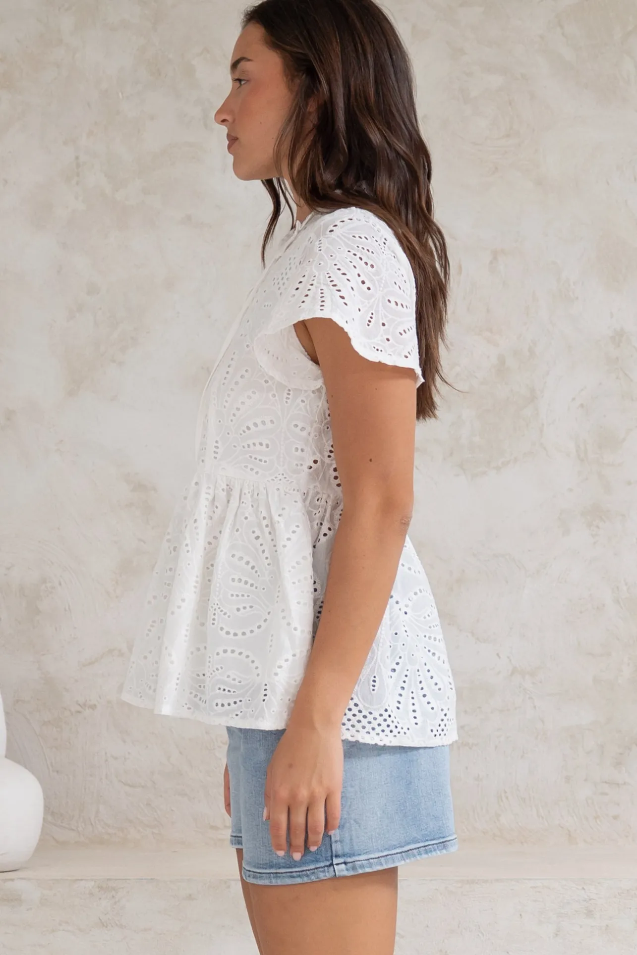 Marcy Top - Frill Mandarin Collar with Neck Tie Embroidered Smock Top in White>Salty Crush Sale