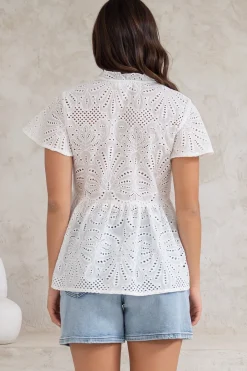 Marcy Top - Frill Mandarin Collar with Neck Tie Embroidered Smock Top in White><noscript><img width=