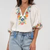 Margerie Top - Floral Embroidered Top with 3/4 Sleeves in White>Salty Crush