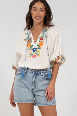 Margerie Top - Floral Embroidered Top with 3/4 Sleeves in White>Salty Crush