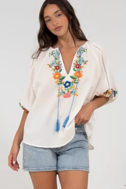 Margerie Top - Floral Embroidered Top with 3/4 Sleeves in White><noscript><img width=