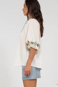 Margerie Top - Floral Embroidered Top with 3/4 Sleeves in White><noscript><img width=
