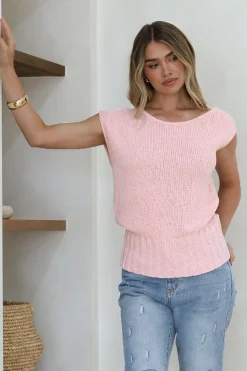 Mariah Knit Top - Sleeveless Asymmetric Neckline Top with Ribbed Hem in Pink><noscript><img width=
