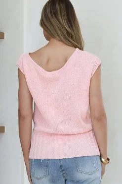 Mariah Knit Top - Sleeveless Asymmetric Neckline Top with Ribbed Hem in Pink><noscript><img width=