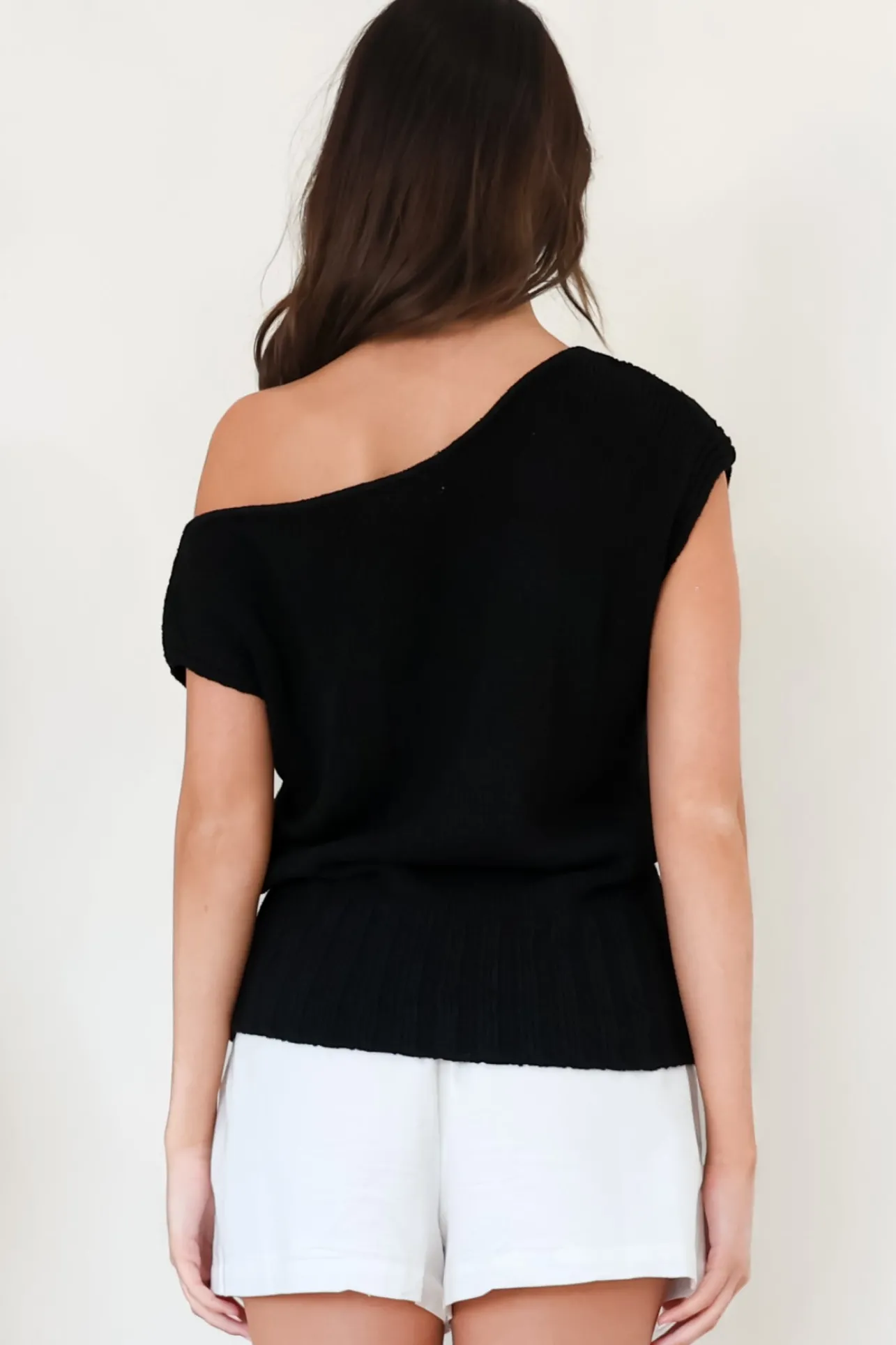 Mariah Knit Top - Sleeveless Asymmetric Neckline Top with Ribbed Hem in Black>Salty Crush Hot