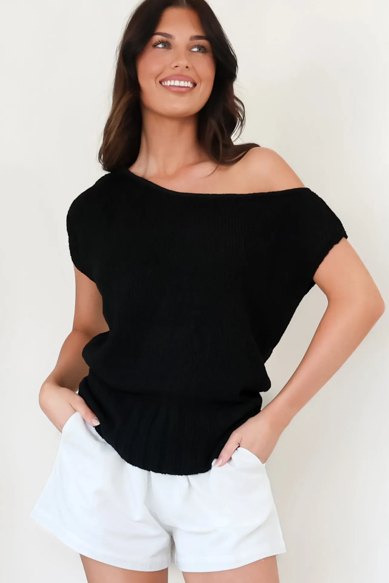 Mariah Knit Top - Sleeveless Asymmetric Neckline Top with Ribbed Hem in Black>Salty Crush Hot