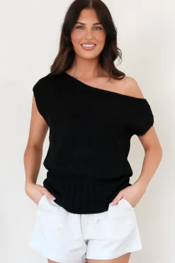 Mariah Knit Top - Sleeveless Asymmetric Neckline Top with Ribbed Hem in Black><noscript><img width=