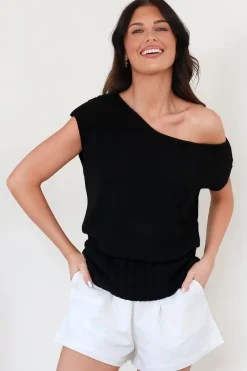 Mariah Knit Top - Sleeveless Asymmetric Neckline Top with Ribbed Hem in Black><noscript><img width=