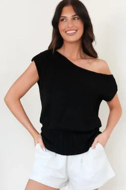 Mariah Knit Top - Sleeveless Asymmetric Neckline Top with Ribbed Hem in Black><noscript><img width=