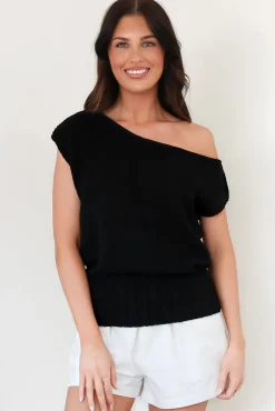 Mariah Knit Top - Sleeveless Asymmetric Neckline Top with Ribbed Hem in Black><noscript><img width=
