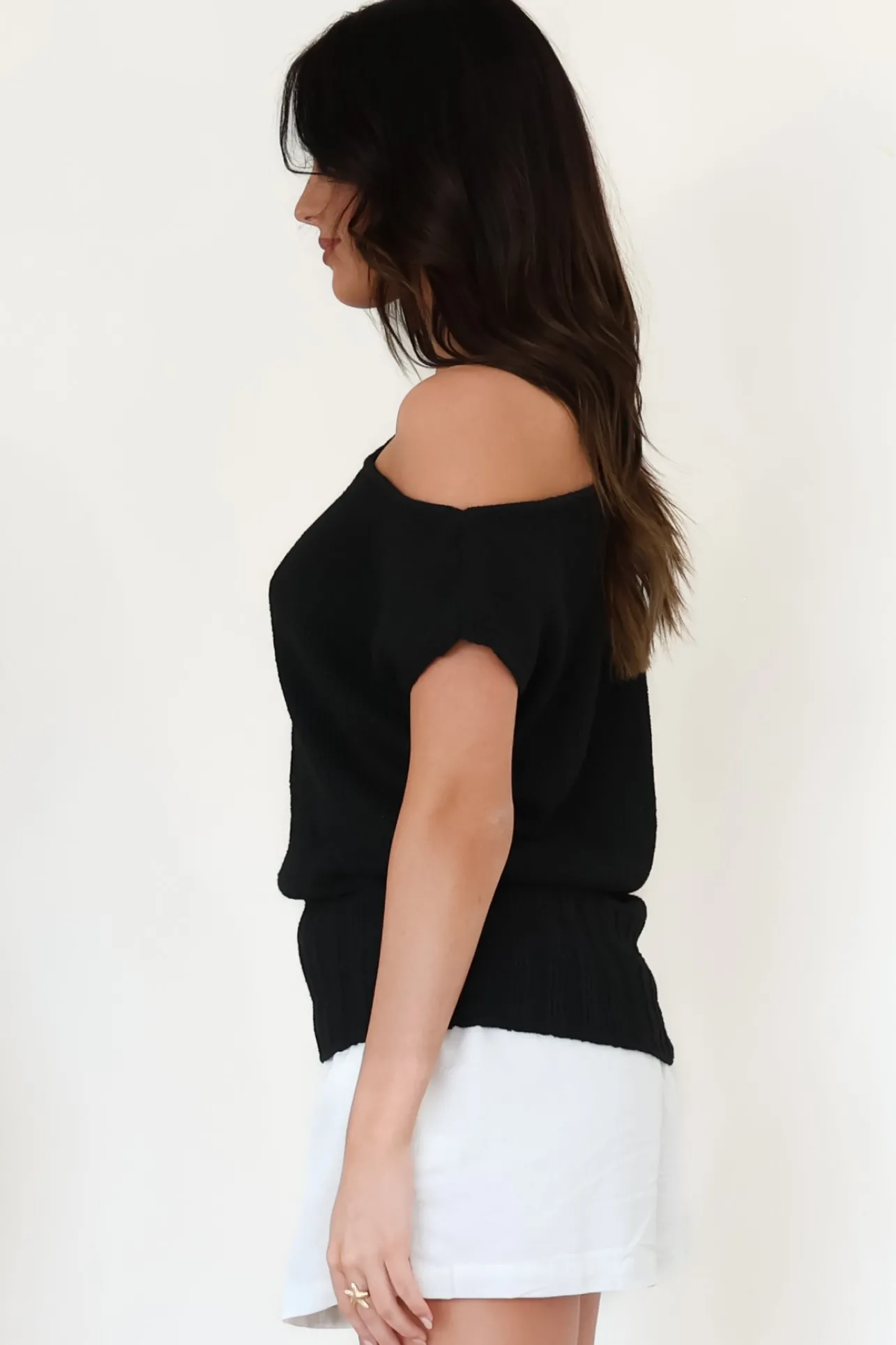 Mariah Knit Top - Sleeveless Asymmetric Neckline Top with Ribbed Hem in Black>Salty Crush Hot