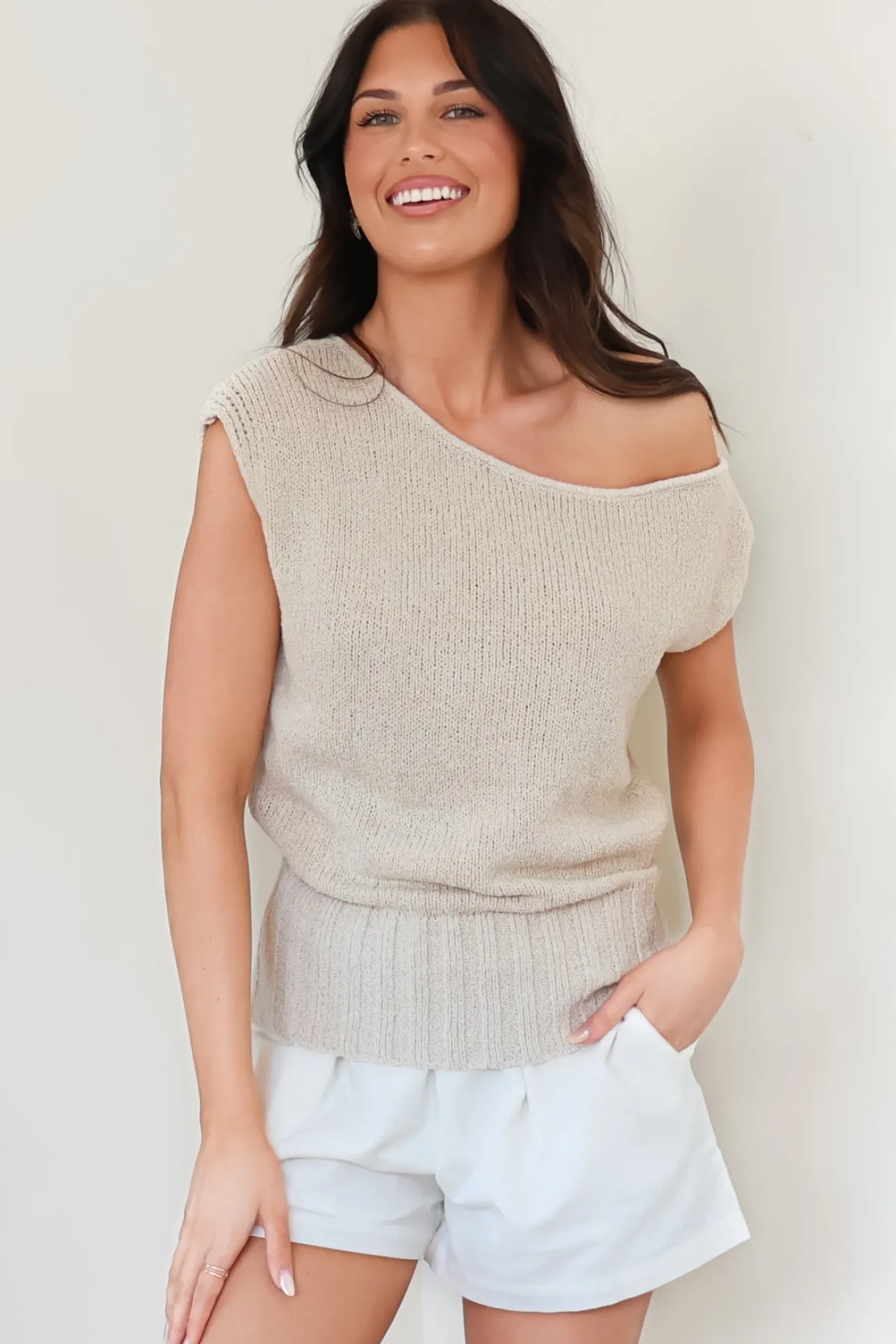 Mariah Knit Top - Sleeveless Asymmetric Neckline Top with Ribbed Hem in Oat>Salty Crush Discount