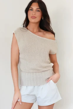Mariah Knit Top - Sleeveless Asymmetric Neckline Top with Ribbed Hem in Oat><noscript><img width=