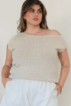 Mariah Knit Top - Sleeveless Asymmetric Neckline Top with Ribbed Hem in Oat><noscript><img width=