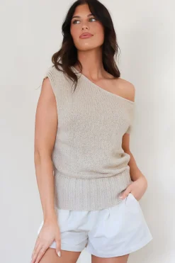 Mariah Knit Top - Sleeveless Asymmetric Neckline Top with Ribbed Hem in Oat><noscript><img width=