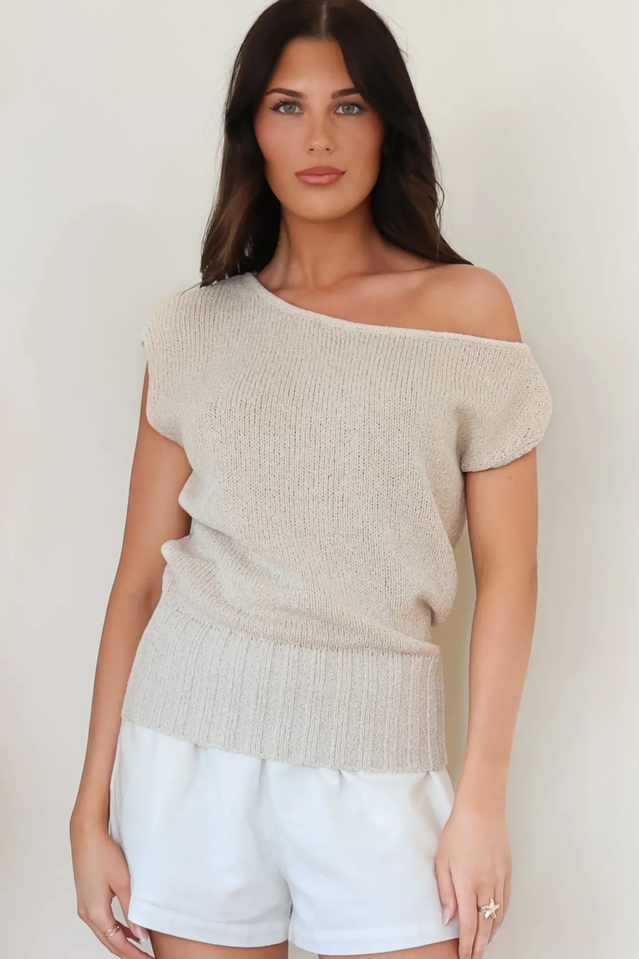 Mariah Knit Top - Sleeveless Asymmetric Neckline Top with Ribbed Hem in Oat>Salty Crush Discount
