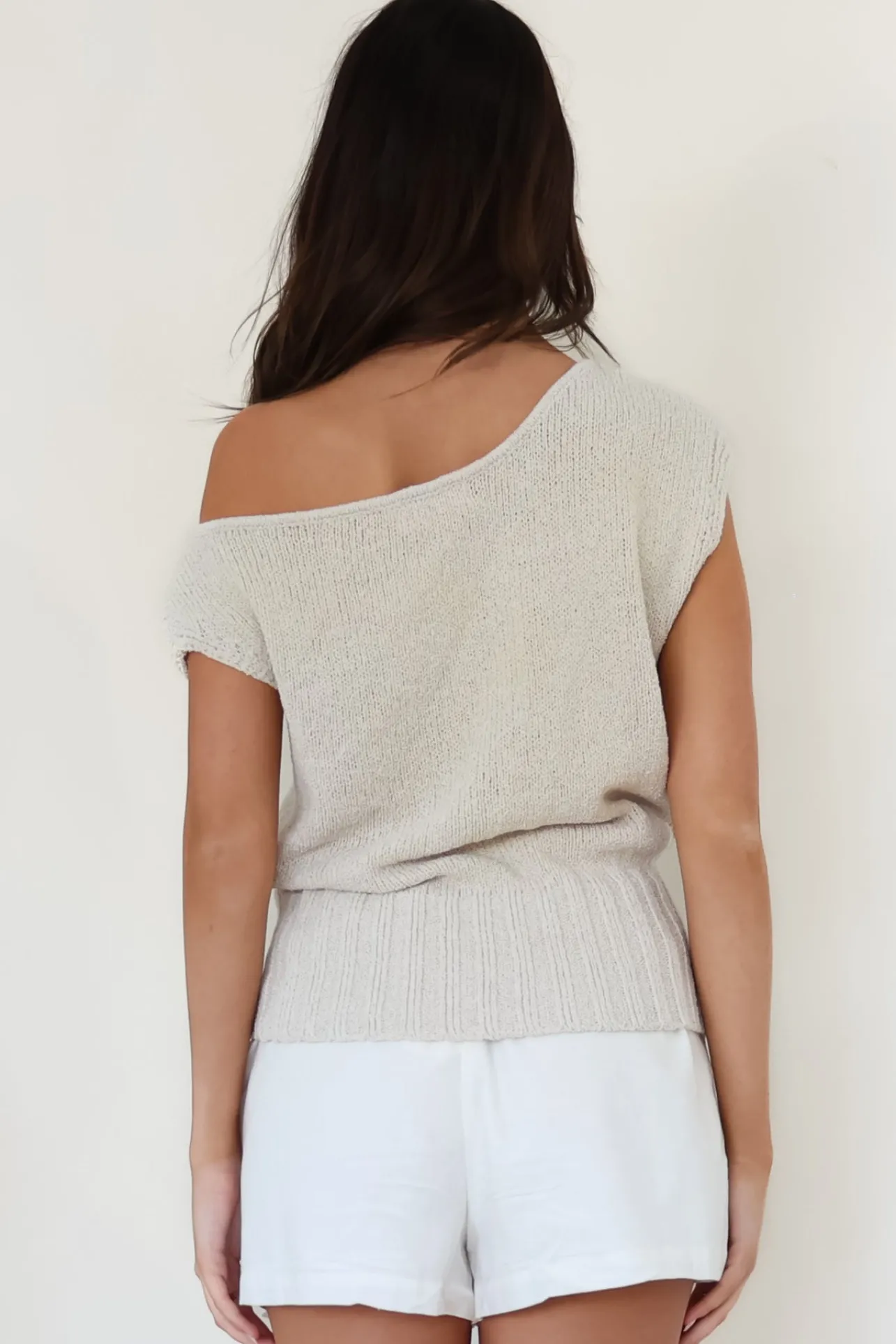 Mariah Knit Top - Sleeveless Asymmetric Neckline Top with Ribbed Hem in Oat>Salty Crush Discount