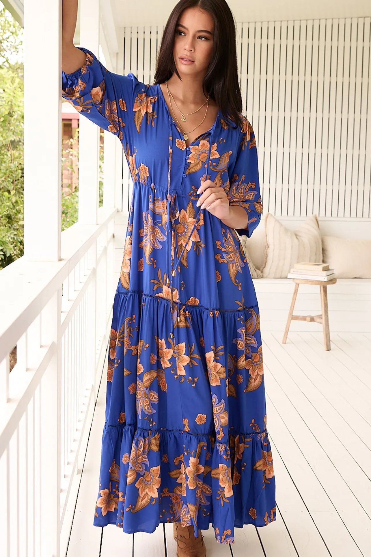 Mariana Maxi Dress - V Neck Pull Tie Waist Tiered Dress in Maribella Print>Jaase New