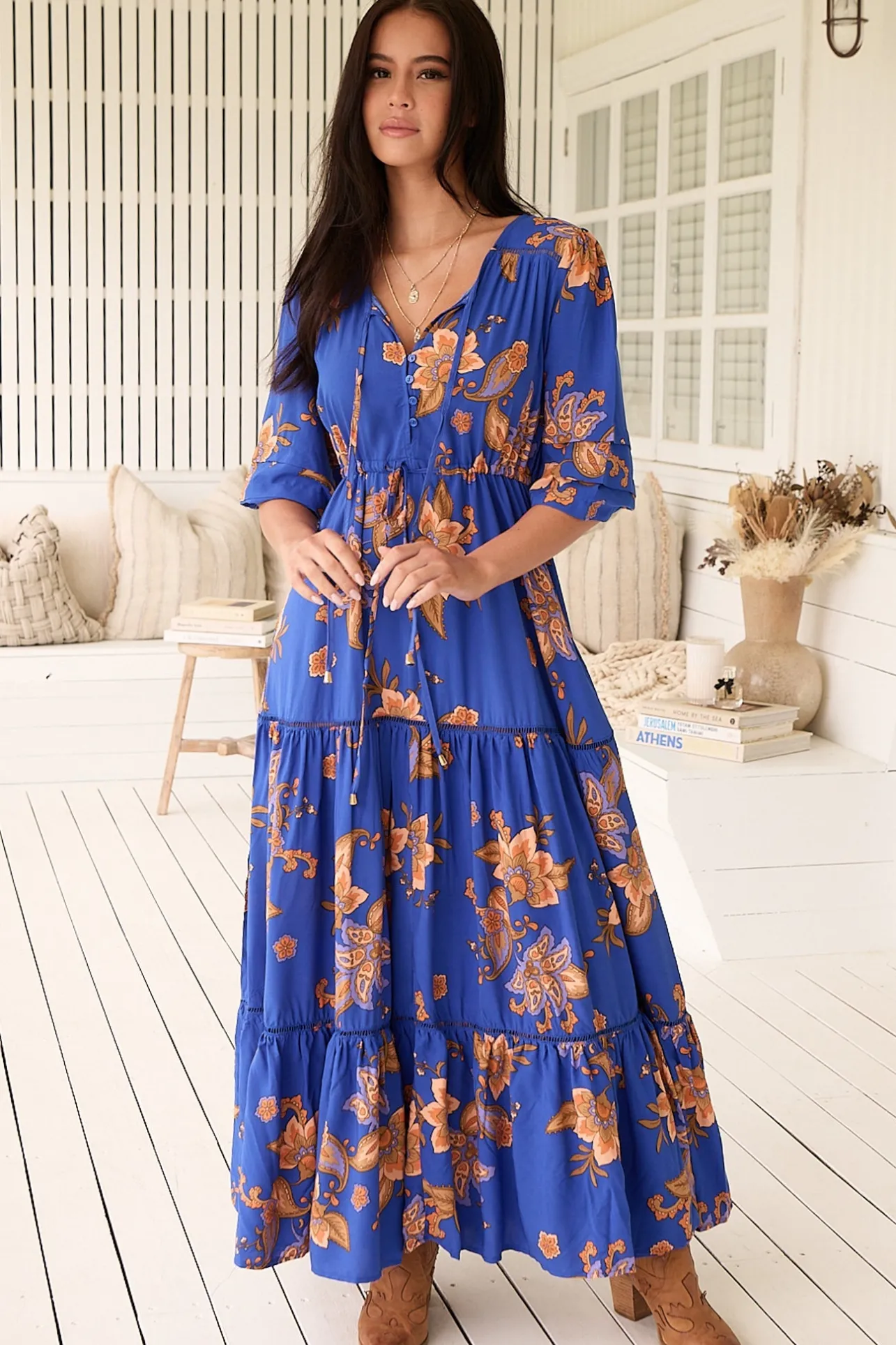 Mariana Maxi Dress - V Neck Pull Tie Waist Tiered Dress in Maribella Print>Jaase New
