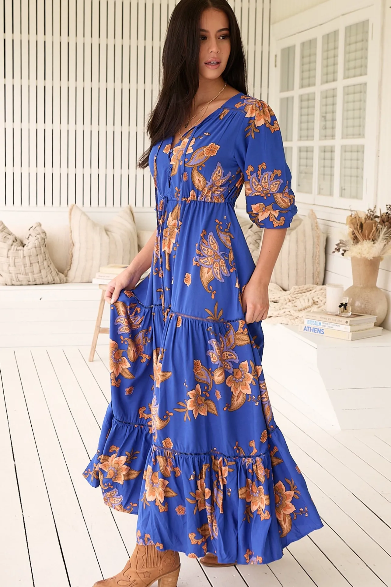Mariana Maxi Dress - V Neck Pull Tie Waist Tiered Dress in Maribella Print>Jaase New