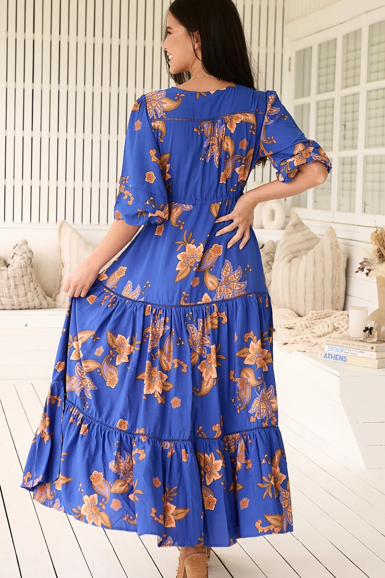 Mariana Maxi Dress - V Neck Pull Tie Waist Tiered Dress in Maribella Print>Jaase New