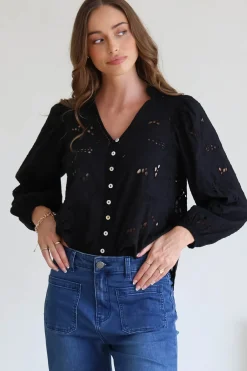 Marise Blouse - Hollow Out Embroidered Button Down Blouse in Black>Salty Crush New