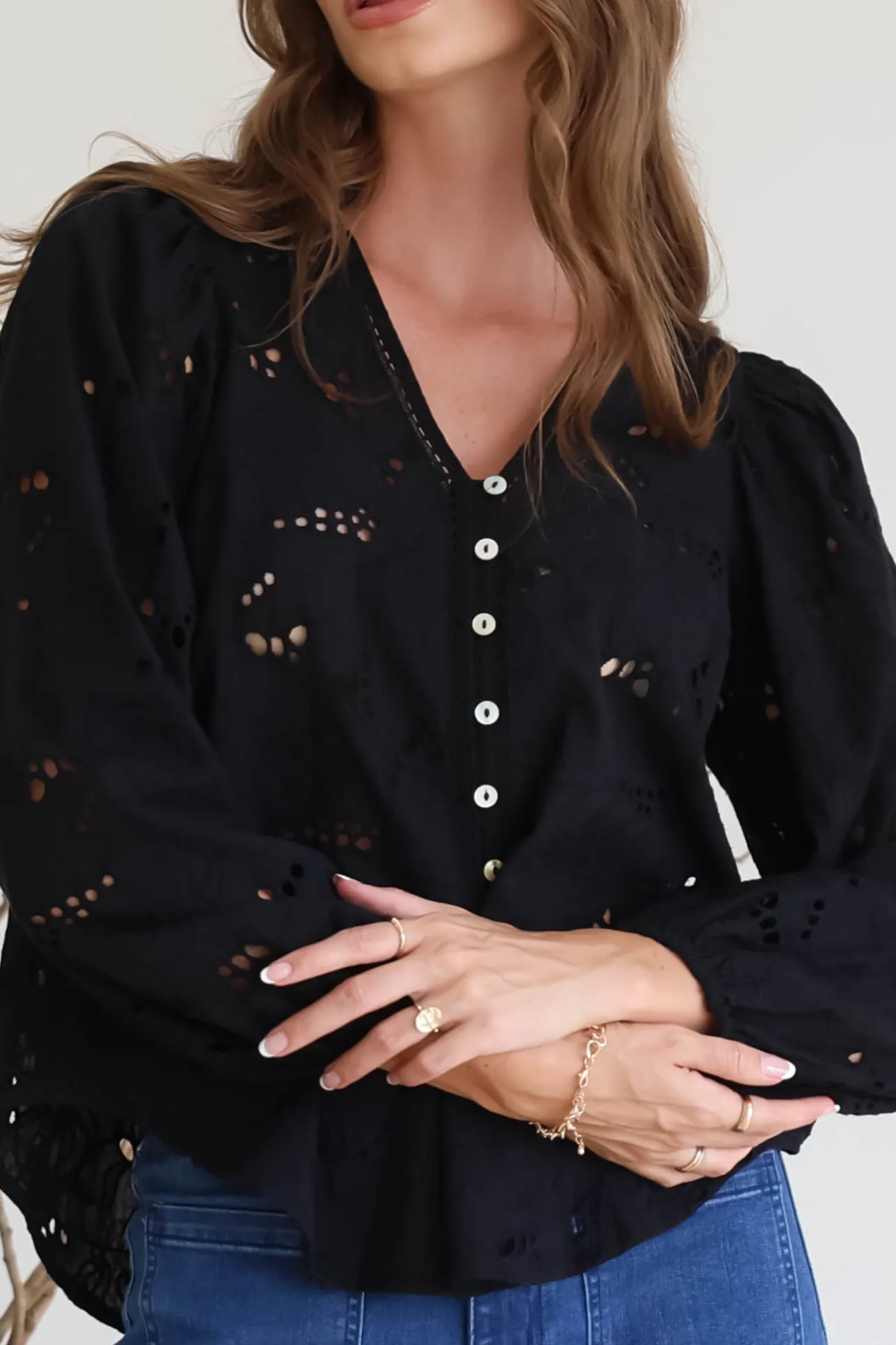 Marise Blouse - Hollow Out Embroidered Button Down Blouse in Black>Salty Crush New