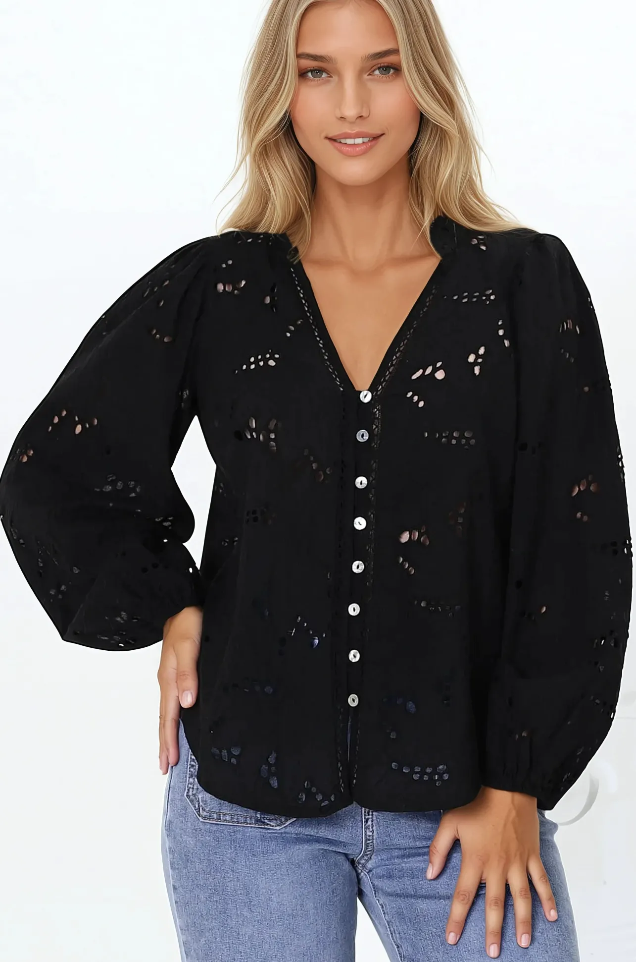 Marise Blouse - Hollow Out Embroidered Button Down Blouse in Black>Salty Crush New