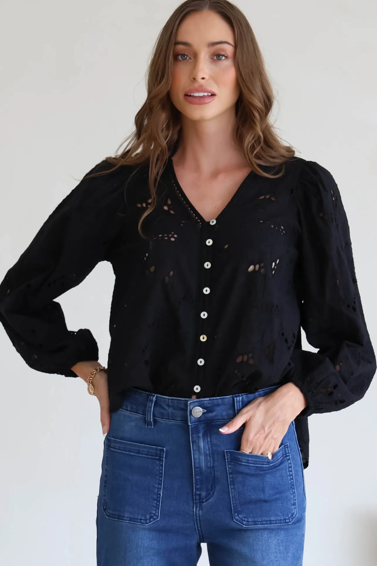 Marise Blouse - Hollow Out Embroidered Button Down Blouse in Black>Salty Crush New