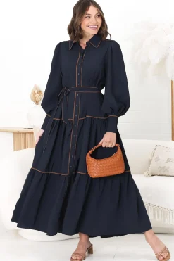 Marise Maxi Dress - A Line Dress with Collared Neckline and Long Sleeves in Navy>Salty Crush Best