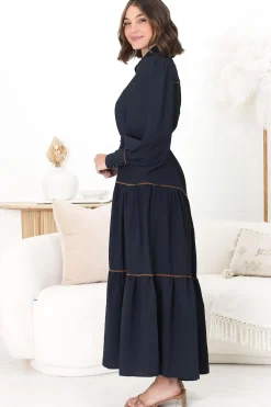 Marise Maxi Dress - A Line Dress with Collared Neckline and Long Sleeves in Navy><noscript><img width=