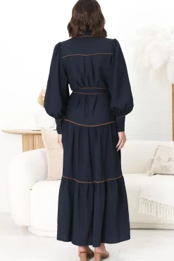 Marise Maxi Dress - A Line Dress with Collared Neckline and Long Sleeves in Navy><noscript><img width=