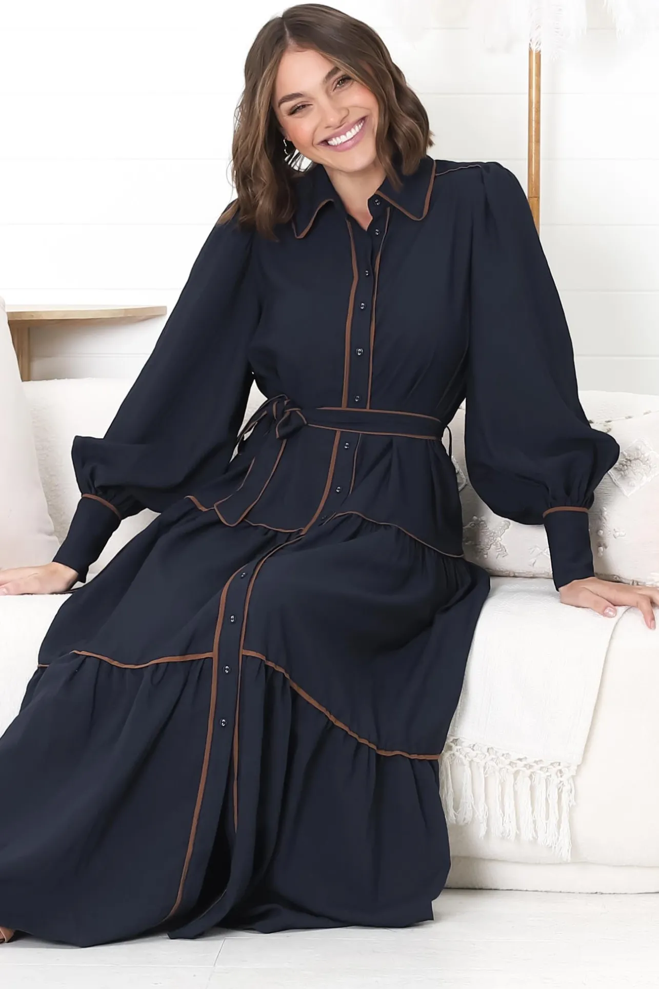 Marise Maxi Dress - A Line Dress with Collared Neckline and Long Sleeves in Navy>Salty Crush Best
