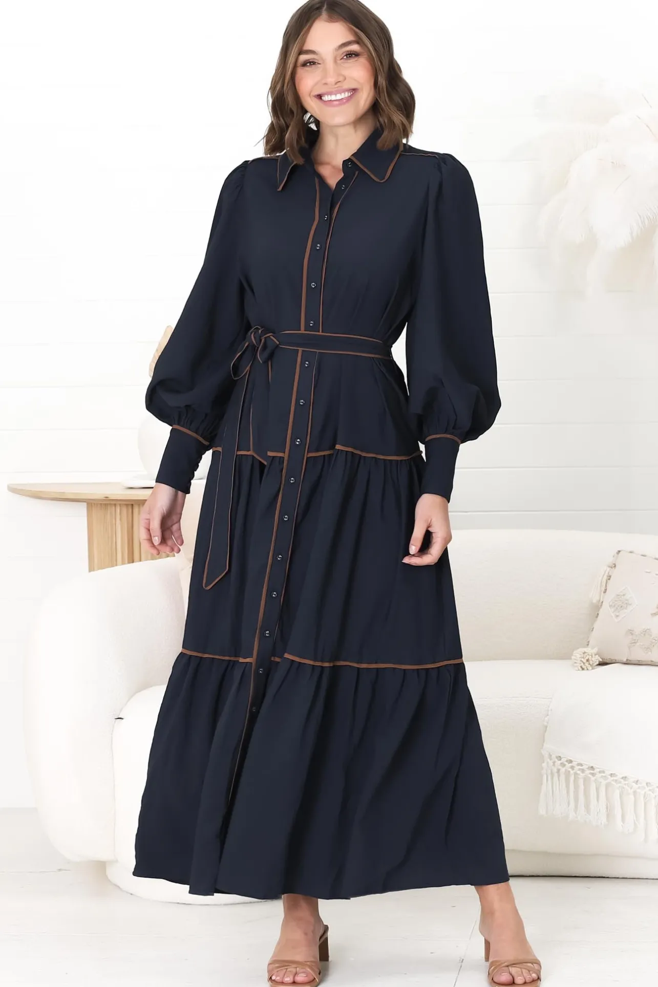 Marise Maxi Dress - A Line Dress with Collared Neckline and Long Sleeves in Navy>Salty Crush Best