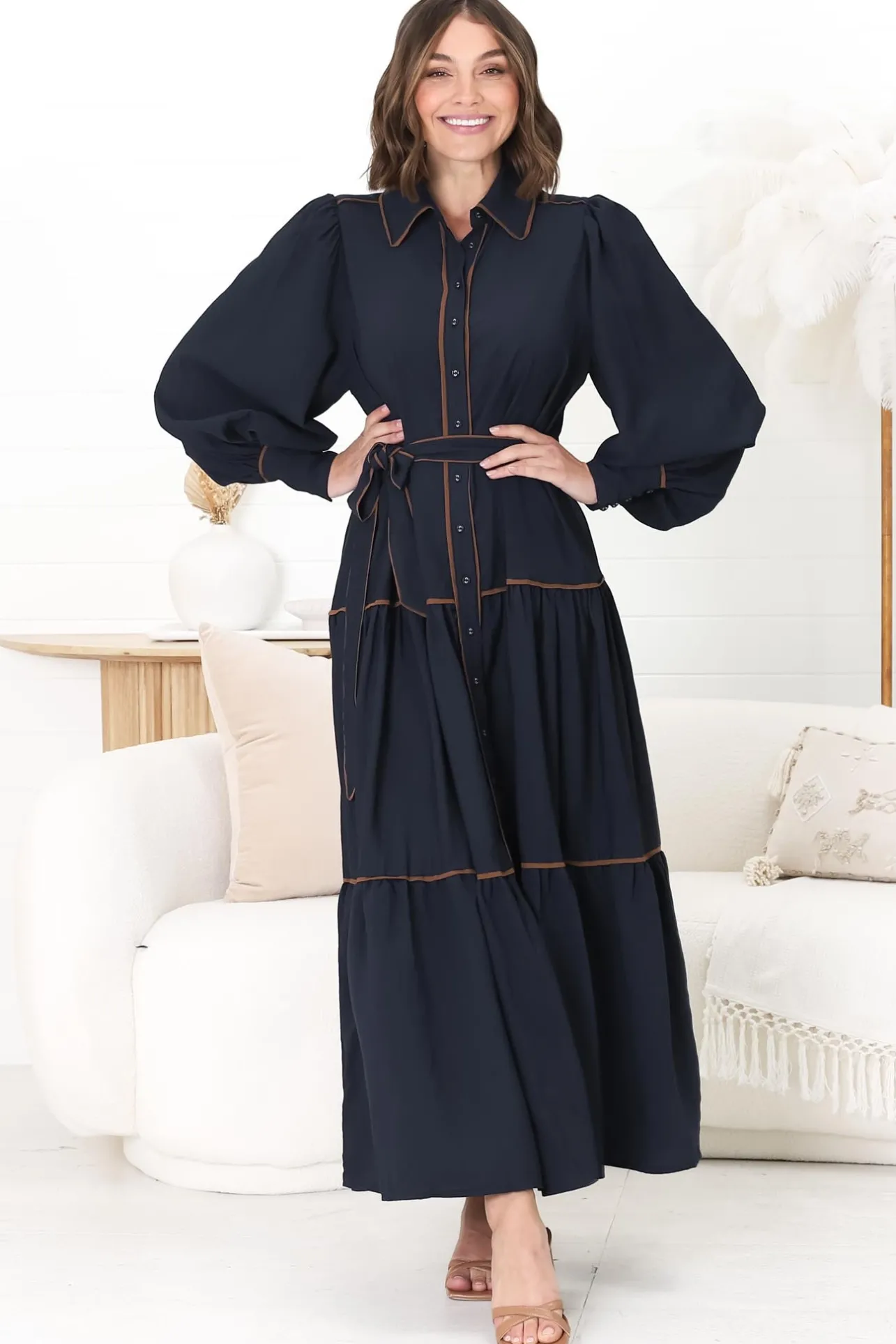 Marise Maxi Dress - A Line Dress with Collared Neckline and Long Sleeves in Navy>Salty Crush Best