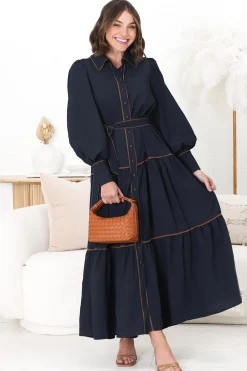 Marise Maxi Dress - A Line Dress with Collared Neckline and Long Sleeves in Navy><noscript><img width=