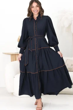 Marise Maxi Dress - A Line Dress with Collared Neckline and Long Sleeves in Navy><noscript><img width=