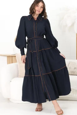 Marise Maxi Dress - A Line Dress with Collared Neckline and Long Sleeves in Navy><noscript><img width=