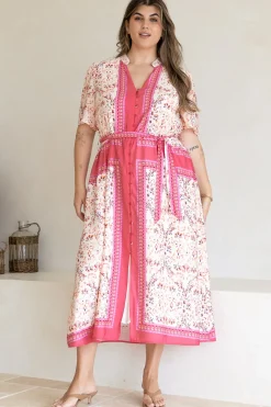 Marissa Midi Dress - Mandarin Collar Button Down Short Sleeve Dress in Thabita Print Pink>Salty Crush Discount