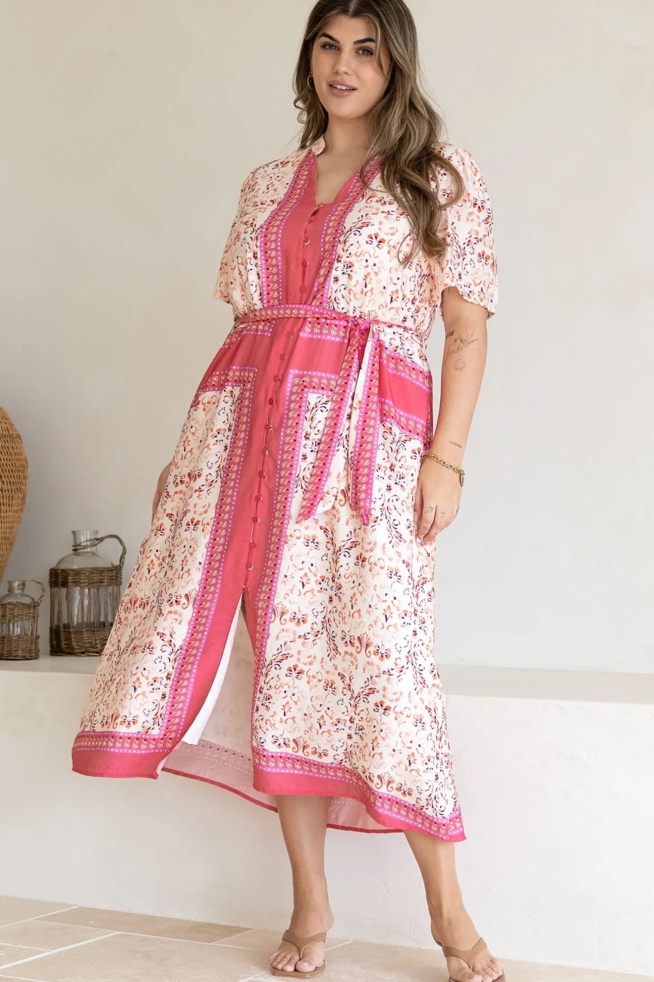 Marissa Midi Dress - Mandarin Collar Button Down Short Sleeve Dress in Thabita Print Pink>Salty Crush Discount